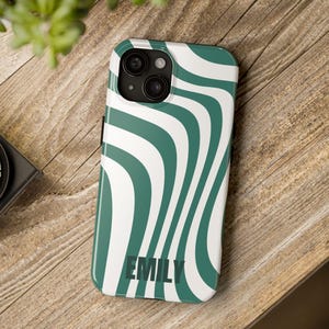 Funda para teléfono con diseño de letras de línea moderna verde, personalizada, resistente a impactos, con nombre personalizado, funda protectora personalizable