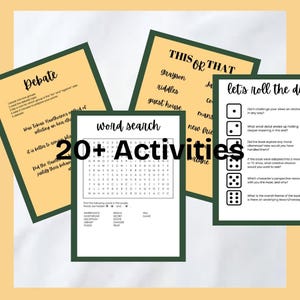 May include: A set of printable activity sheets for book clubs. The sheets include a word search, a debate activity, a "this or that" game, and a "let's roll the dice" activity. The activities are designed to help book club members discuss and reflect on the book they are reading.