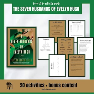 May include: A book club activity guide for "The Seven Husbands of Evelyn Hugo" by Taylor Jenkins Reid. The guide includes 20 activities and bonus content, such as icebreakers, a scavenger hunt, a timeline, and a would you rather game.