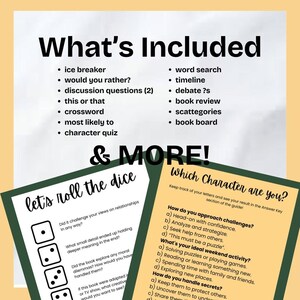 May include: A printable set of book club activities, including icebreakers, discussion questions, and a character quiz. The text "Let's roll the dice" and "Which character are you?" is visible on the cards.