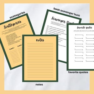 May include: A printable set of game cards for a book club scavenger hunt. The cards are yellow with black text and green borders. The cards include instructions for a scavenger hunt, a list of categories for a game, and a space to write down favorite quotes from the book.