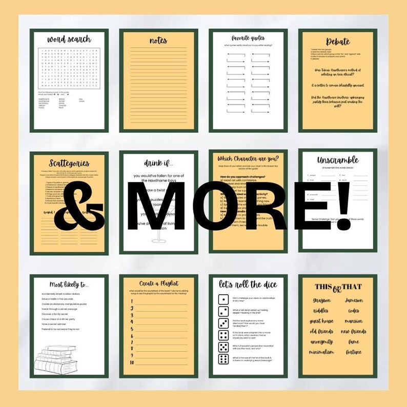May include: A printable set of game cards with a yellow background and green borders. The cards feature various games such as word search, notes, favorite quotes, debate, scattergories, drink if, which character are you, unscramble, most likely to, create a playlist, let's roll the dice, and this or that. The text '& MORE!' is written in large, bold, black letters over the cards.