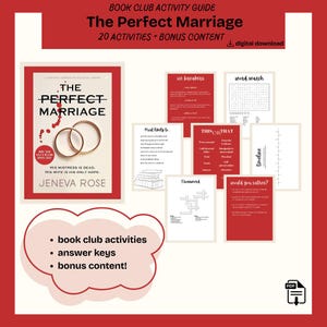May include: A red and white graphic with the text "The Perfect Marriage" and a book cover with the same title. The graphic also includes the text "Book Club Activity Guide" and "20 Activities + Bonus Content". The graphic also includes images of various printable activities, such as ice breakers, word searches, and crossword puzzles.