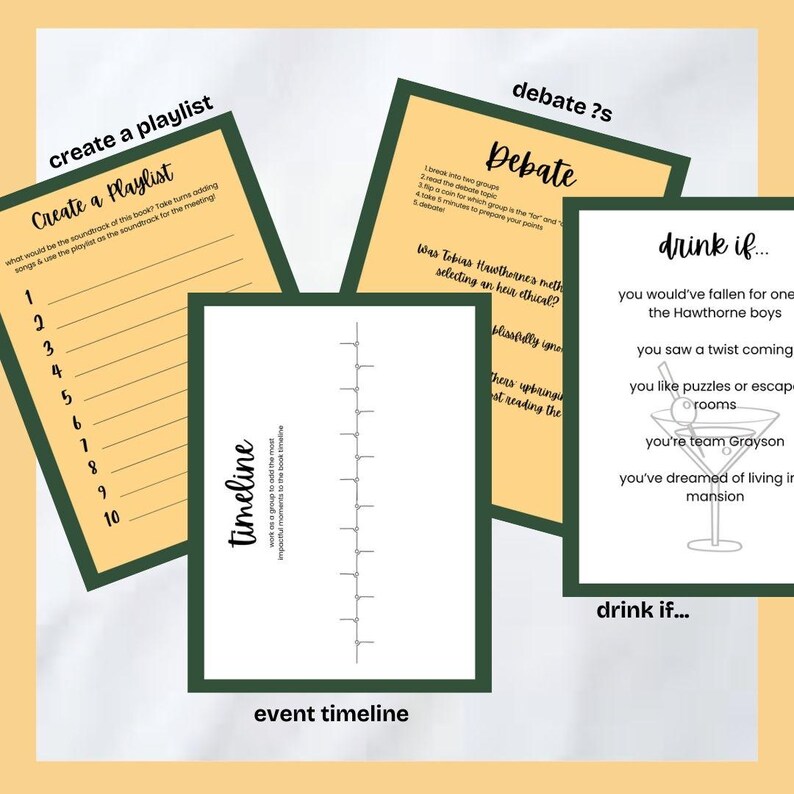 May include: A set of printable game cards with instructions for a "create a playlist", "timeline", "debate", and "drink if..." game. The cards are yellow with black text and green borders.