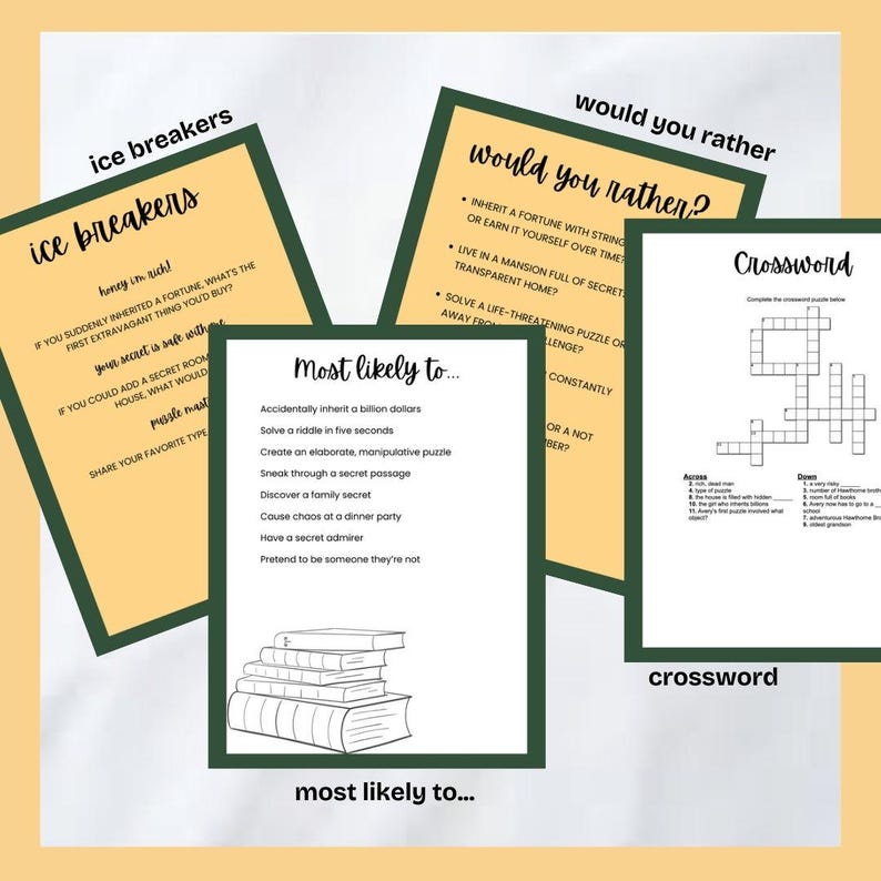 May include: A set of printable game cards with different icebreaker, would you rather, and most likely to prompts. There is also a crossword puzzle with a grid and clues.
