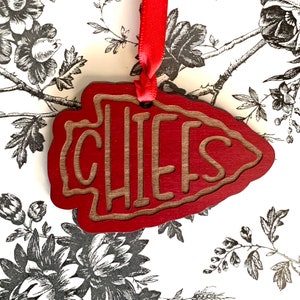 Kansas City Chiefs Red Wood Engraved Ornament | Great Gift Idea | Bulk / Wholesale Options Available