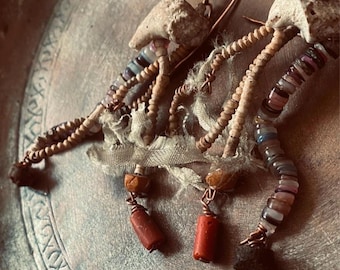 Mermaid Earrings Primitive Organic Unique One Of A Kind Copper Earrings Ancient Druid Shaman Eco Friendly Genuine Coral Earrings