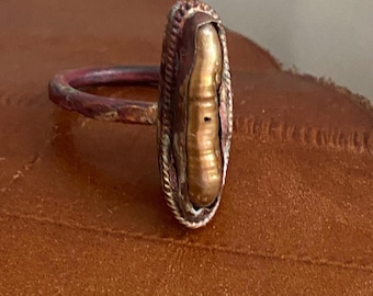 Copper Pearl Ring  Handmade Rustic Primitive Copper Jewelry