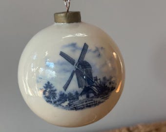 Vintage Ceramic Christmas Ball Ornament hand painted style is Royal Deft Blue Ware Dutch Holland Windmill 3&quot; Blue and White