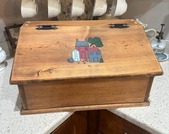 Vintage Wooden Hand Carved & Hand Painted Bread Box