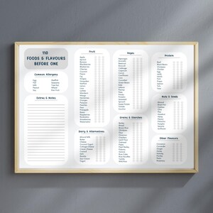 Op de afbeelding: Een printbare checklist met 110 voedingsmiddelen en smaken om aan een baby te introduceren voor de leeftijd van één jaar. De checklist is onderverdeeld in categorieën zoals fruit, groenten, eiwitten, granen & zetmeel, zuivel & alternatieven, noten & zaden en andere smaken. De checklist bevat ook een sectie voor veelvoorkomende allergenen en extra notities.