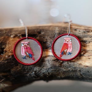 Hand Embroidered owl Earrings, Nature Inspired Dangle Earrings, Lightweight Fabric Jewelry, Botanical Statement pieces