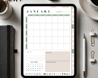 May include: A digital planner for the month of January with a calendar, daily planner, notes, and reminders sections. The planner is on a tablet with a white background.