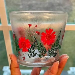 Handmade Pressed Red Flower Round Votive Tealight Candle Holder – Unique Floral Art, Perfect Gift for Home Décor