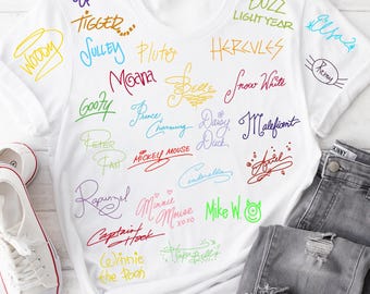 Camiseta de autógrafos de personajes Disney para adultos, Camiseta de autógrafos de personajes Disney de talla grande, Camiseta Disney para adultos, Camiseta Disney de talla grande