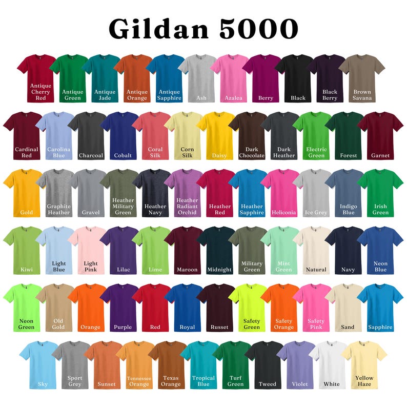 May include: A collection of Gildan 5000 t-shirts in various colors, including red, blue, green, and black. The image displays a wide array of hues, with each shirt labeled with its specific color name. The text "Gildan 5000" is at the top.