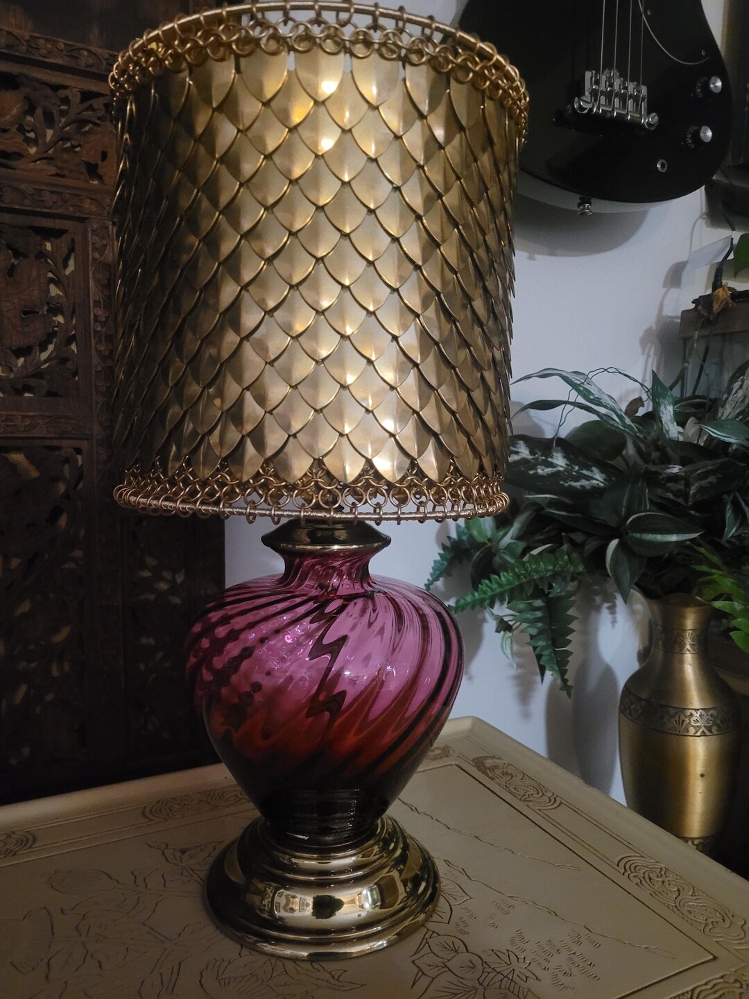 Elegant Medieval Brass Dragon Scale/chain Mail Shade Atop A Vintage ...