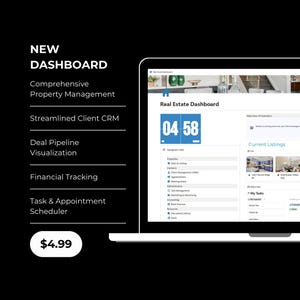 May include: A laptop computer screen displaying a real estate dashboard with a timer showing 04:58, a daily close of 90, and a list of current listings. The dashboard also includes sections for properties, sales & listings, contacts, client management CRM, appointments, administration, marketing & advertising, resources, documents, and goals.