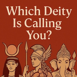 Könnte beinhalten: Illustration mit vier Gottheiten vor einem rotbraunen Hintergrund. Der Text "Which Deity Is Calling You?" steht oben. Die Gottheiten umfassen Figuren mit gehörntem Kopfschmuck, einem geflügelten Helm und einer elefantenköpfigen Figur.