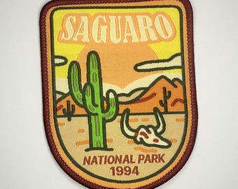 Écusson thermocollant brodé parc national de Saguaro 3" | Badge souvenir de voyage à coudre pour vestes chapeaux sacs | Cadeau cactus du désert de l'Arizona