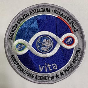 Puede incluir: Un parche bordado gris con fondo azul y un símbolo de infinito blanco. El símbolo de infinito tiene un pequeño globo terráqueo en su interior y una hoja verde a cada lado. El texto "AGENZIA SPAZIALE ITALIANA - NASA/ASI ISS-3 EUROPEAN SPACE AGENCY ★★★ PAOLO NESPOLI" está alrededor del exterior del parche. La palabra "vita" está en el centro del parche.
