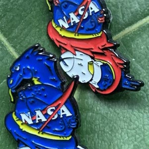 May include: Two NASA logo pins. Each pin features a blue background with the NASA logo in white and yellow. A red and white design surrounds the logo. The pins are on a green leaf.