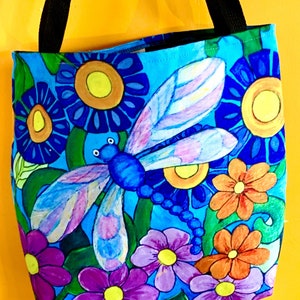 Tote Bag, Shopping Bag, Beach Bag Canvas 13&quot; X 13&quot;  Dragonfly and Flowers