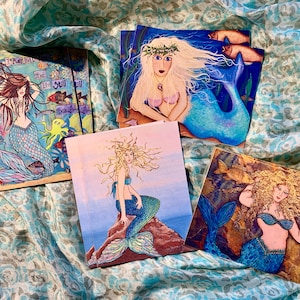 Ensemble de cartes de sirènes dans une boîte faite à la main, ensemble de 8 cartes et enveloppes est livré dans une boîte faite à la main