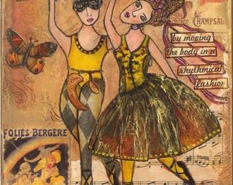 Puede incluir: Un collage de medios mixtos con dos figuras bailando. Las figuras son un bufón con un traje amarillo y negro y una mujer con un vestido verde y dorado. El fondo es un collage de partituras musicales, texto e imágenes. El texto dice "La danza es una expresión de alegría transmitida al mover el cuerpo de forma rítmica". El texto "Naturally by Denise" también está incluido en la imagen.