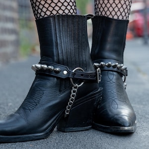 Spiked Leather Boot Straps | English 77 Cone Stud Harness | Unisex Punk Boot Chains | Goth Heavy Metal Shoe Accessories | Boot Strap Pair