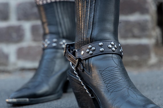 Handmade Black Leather Boot Straps | Studded Boot Harness with Chains | Biker Western Goth Boot Accessories | Sold as a Pair | Made in Italy