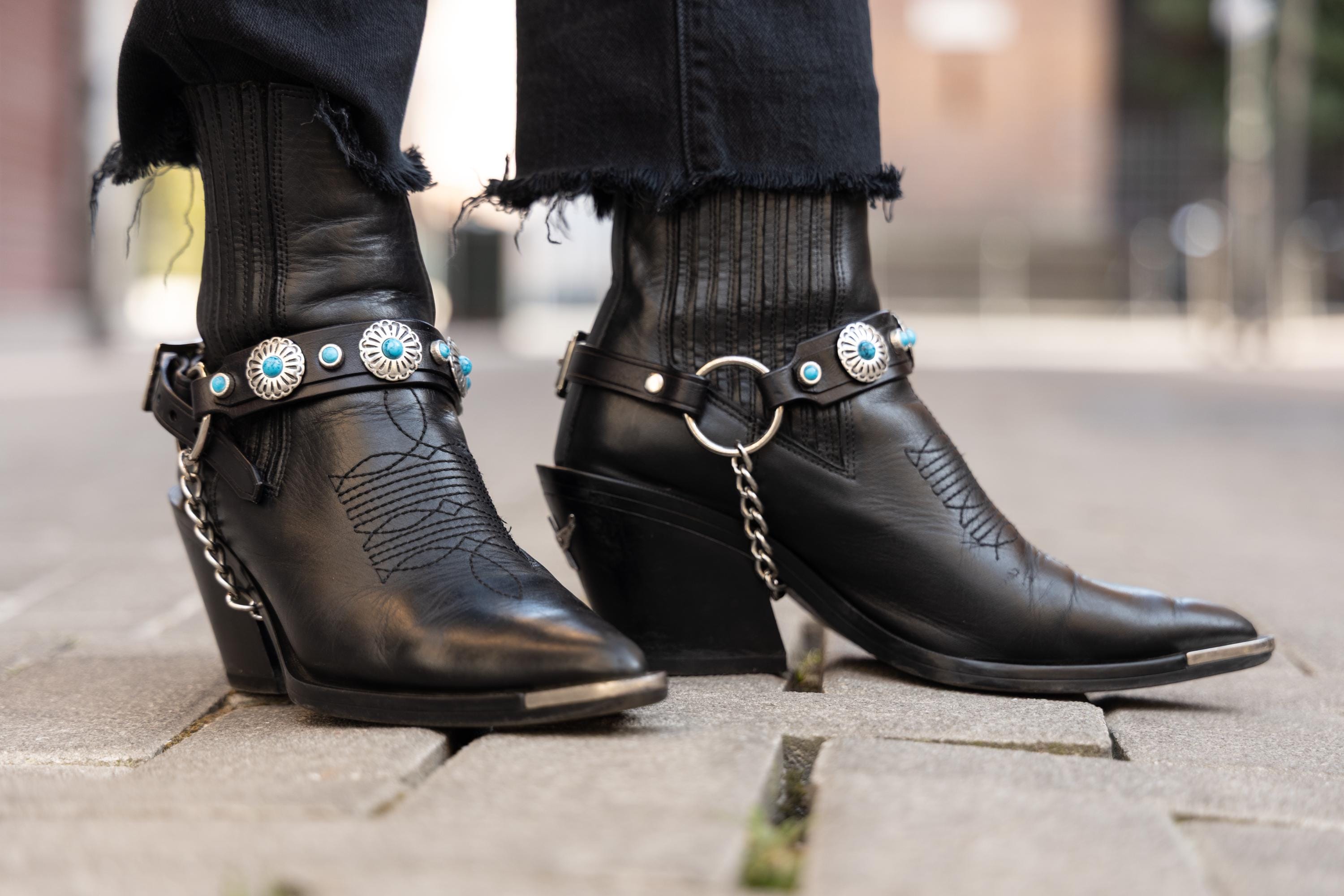 Western Turquoise Studded Leather Boot Straps Boho Concho Boot Chains Western Punk Shoe Harness Sold as a Pair Made in Italy