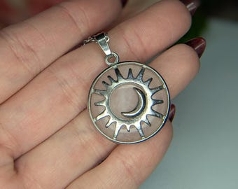 Natural Rose Quartz Sun and Moon Pendant Necklace