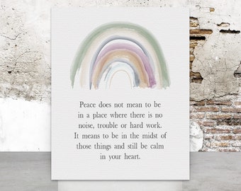 Peace Within Inspirational Fine Art Poster Print Wall Decor - Pastel Watercolor Rainbow Art For Nursery or Child Bedroom Decor - Gift Idea