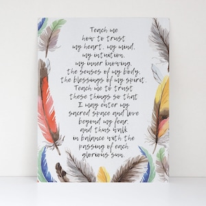 Enséñame cómo confiar en el dicho inspirado en Lakota Impresión de bellas artes de la Madre Tierra Oración de los nativos americanos con diseño de plumas Dicho espiritual imagen 1