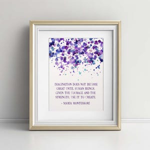 Impresión artística con cita "Imaginate Montessori" - Decoración de pared con acuarela en vibrantes tonos morado, verde azulado y azul - Póster educativo e inspirador para habitación infantil