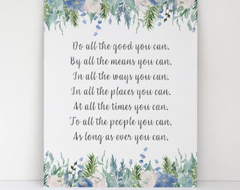 Inspirational Watercolor Print: Pastel Blue and Green Botanicals, Quote for Volunteers and Humanitarians