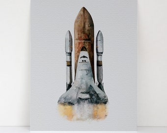 Watercolor Space Rocket Print - Space Inspired Wall Art Decor - Space Travel Theme Wall Art Decor - Rocket Enthusiast Gift