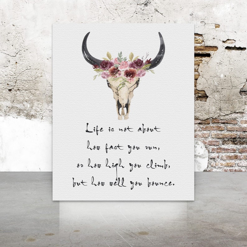 Floral Watercolor Fine Art Poster Print Designer Cow Skull Encouraging Quote Modern Ranch Boho Wall Art Native American Decor image 1