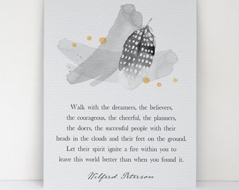 Walk With The Dreamers, The Believers Inspiring and Motivational Saying - Grey and Gold Watercolor Feather Design - Fine Art Print Decor