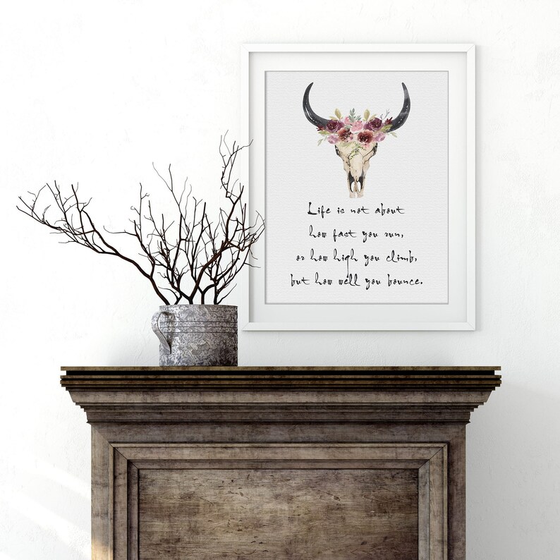 Floral Watercolor Fine Art Poster Print Designer Cow Skull Encouraging Quote Modern Ranch Boho Wall Art Native American Decor image 2