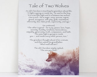 Tale of Two Wolves Art Print Decor - Brown & Beige Watercolors Art Decor - Spiritual Wisdom Fine Art Print - Native American Tale Art Decor