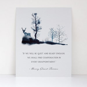 Thoreau Quote Print: Navy Watercolor Deer - Linen Texture Art