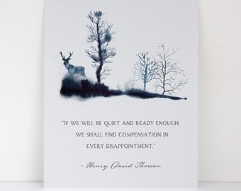 Henry David Thoreau Quote - Peaceful Navy Watercolor Deer Scene - Fine Art Print - Blue Nature Scene