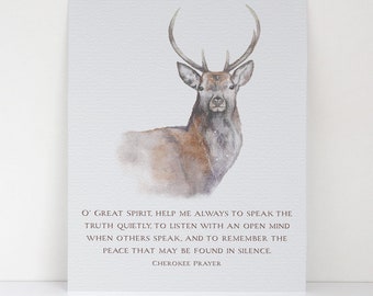 Spirit Watercolor Deer Print Art Decor - Animal Printed Art Decor - Great Cherokee Fine Art Print - Native American Prayer Art Decor