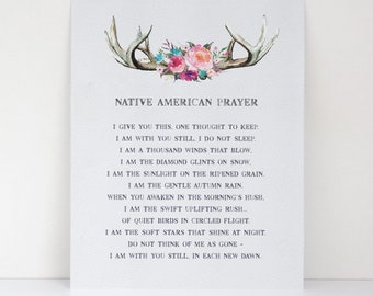 Native American Prayer Watercolor Fine Art Print -  Feminine Colors - Serenity Prayer - Floral Deer Antlers - Female Warrior Healing Prayer