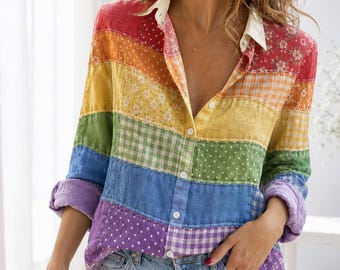 Faux Patchwork Pride Flag Blouse Linen Shirt, LGBTQ Blouse, LGBT Rainbow Shirt, Pride Month Gift, Pride Parade, Love Is Love Button Up Shirt