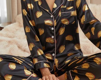 Cute Taco Bell Satin Pajamas Set, Tacos and Soda Cup Pajamas, Food Lover Pajamas, Family Matching Pajamas, Tacos Lover Pajamas, Tacos Pajama