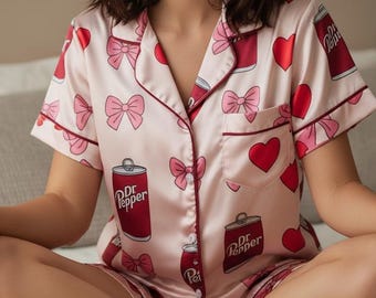 Coquette Dr Pepper Satin Pajamas Set, Dr Pepper Soda Lover Pajamas, Diet Drink Pajamas, Coquette Diet Dr Pepper Sleepwear, Women Pajamas Set