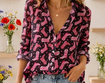 Western Cowgirl Boots Blouse Shirt, Yee Haw Shirt, Button Up Shirt, Women Shirt, Western Blouse, Let's Go Girls Blouse Shirt, Gifts for Her